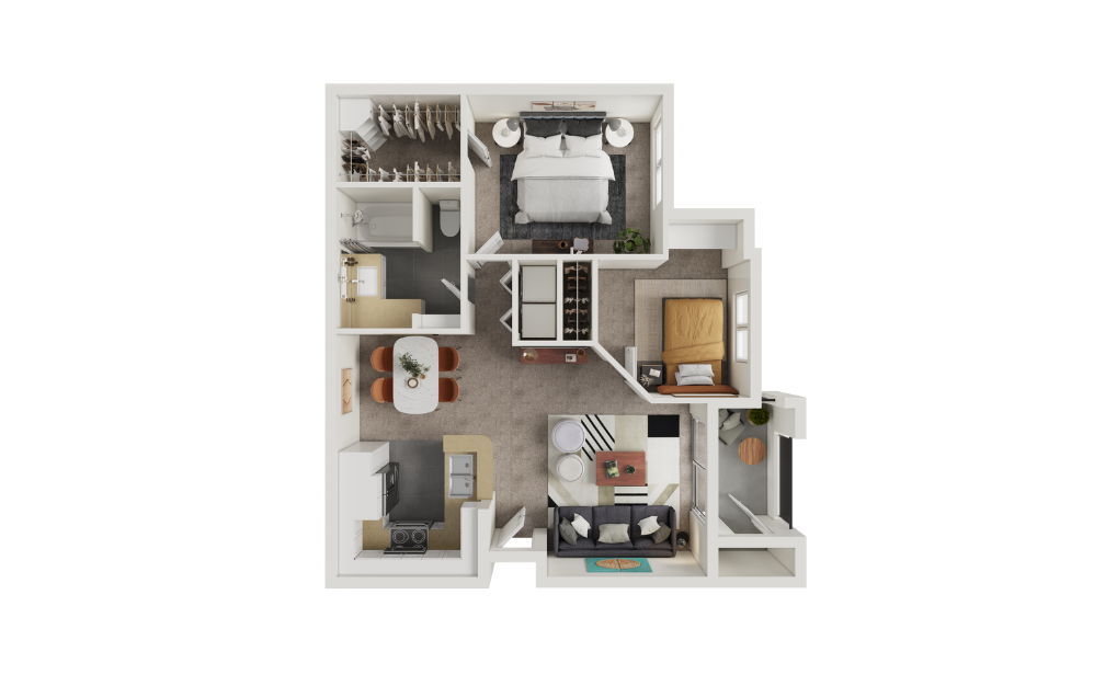 B1 - 2 bedroom floorplan layout with 1 bathroom and 897 square feet