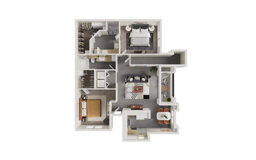 B3 - 2 bedroom floorplan layout with 2 bathrooms and 1120 square feet